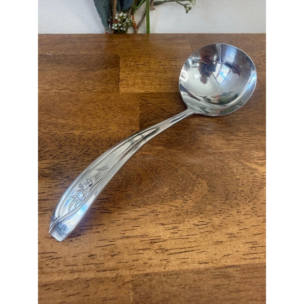Vintage Solid Stainless Steel Soup Ladle Floral Serving Spoon Japan MCM Kitchen